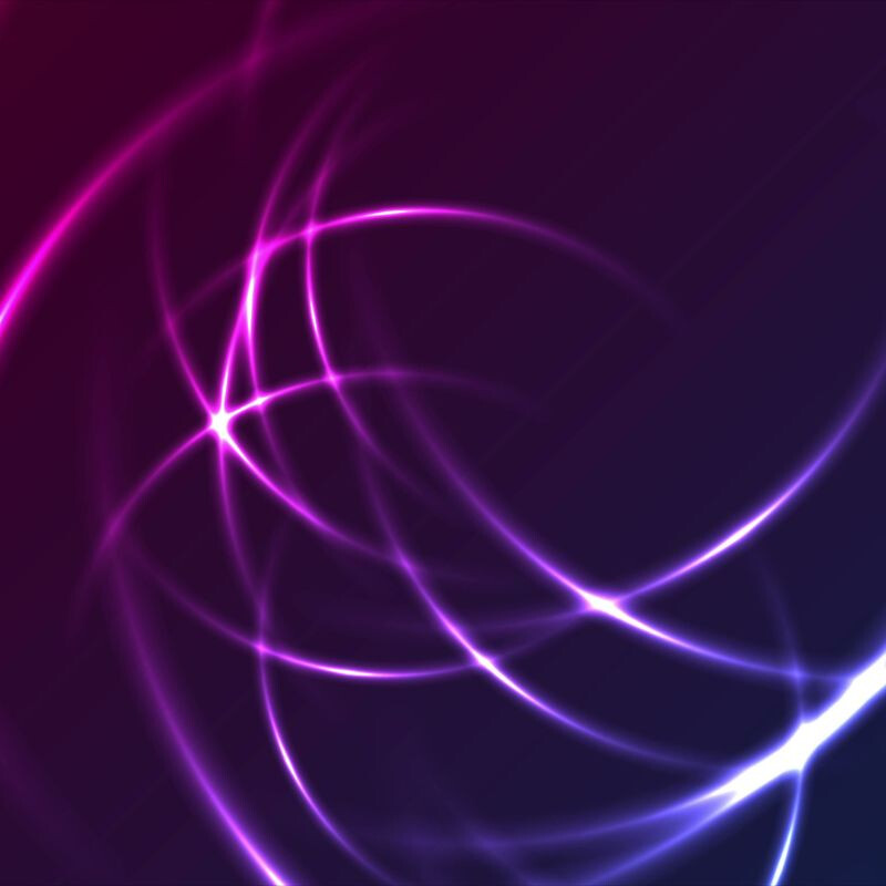 Onde di luce neon viola e blu intrecciate che simboleggiano energia, rete e flusso di dati